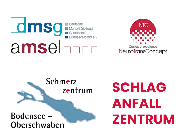 Logos der Partner der Neurologie Ravensburg im Neurozentrum. Oben links das Logo der Deutschen Multiplen Sklerose Gesellschaft und der MS-Patientenvereinigung "amsel", oben rechts das NeuroTransConcept Logo, unten links das "Schmerzzentrum Bodensee-Oberschwaben" unten rechts das "SCHLAGANFALLZENTRUM".